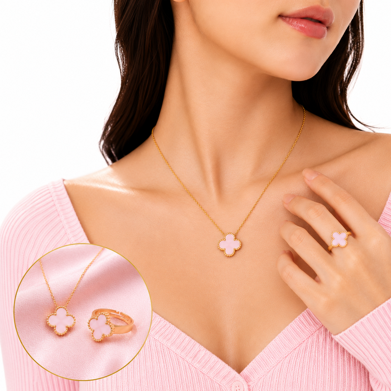 Blushing Clover Necklace & Ring Set