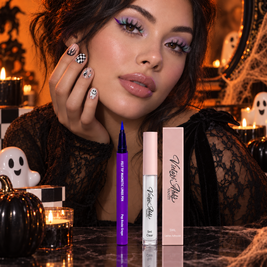 Ghosted and Gorgeous Glam Vault model wearing short D-curl colored lashes and Spooky Night nails
