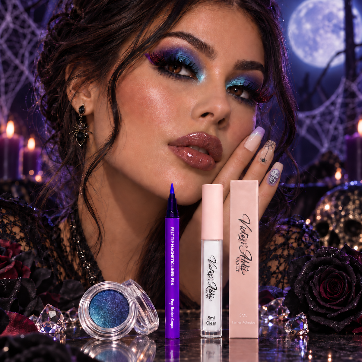 Crimson Web Glam Vault model wearing original nude nails with light blue and lavender color at the outer nail tip