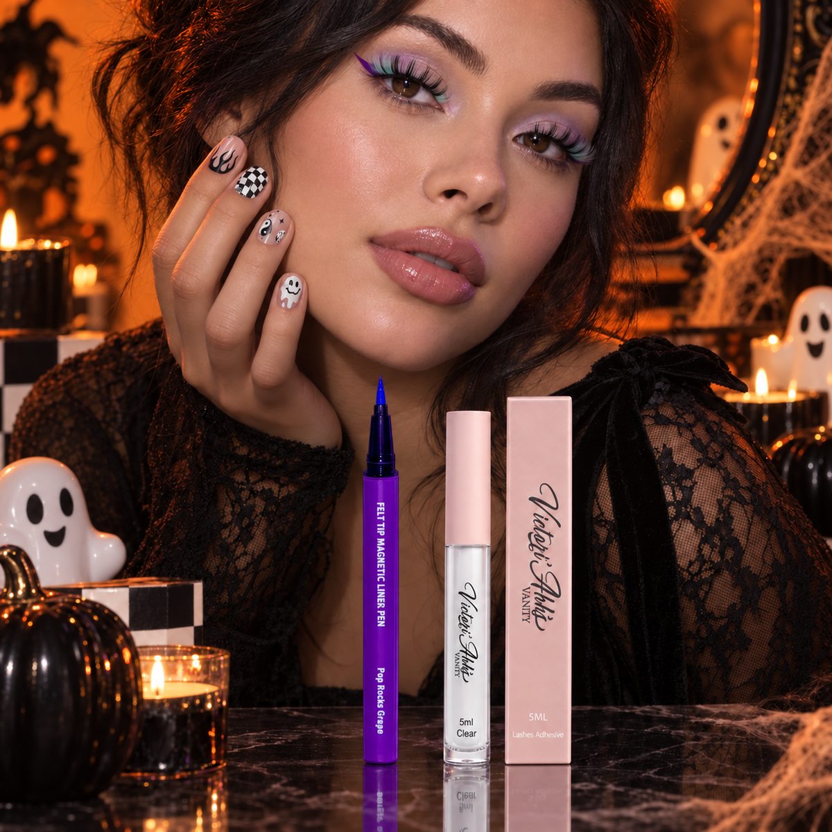 Ghosted and Gorgeous Glam Vault model wearing short D-curl colored lashes and Spooky Night nails