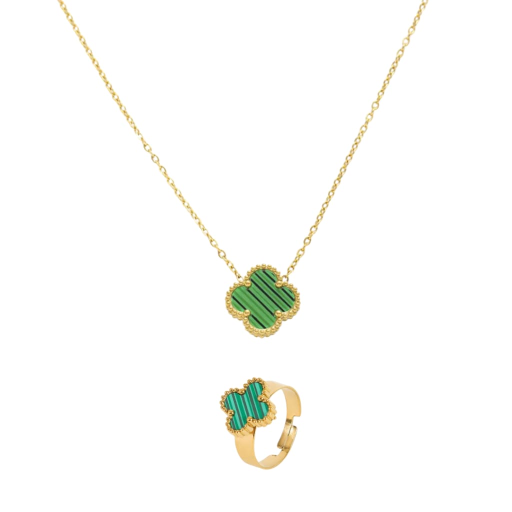 Green Clover Necklace & Ring Set