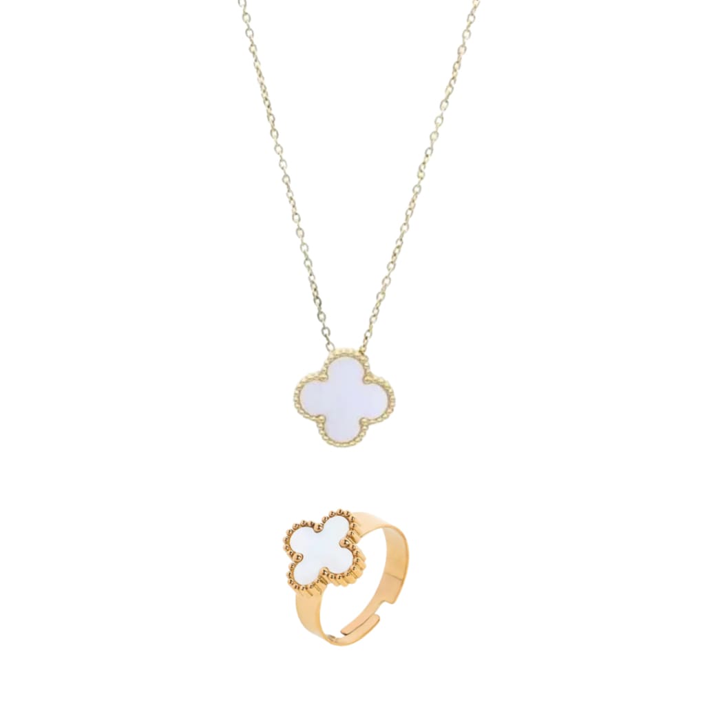 Pearl White Clover Necklace & Ring Set