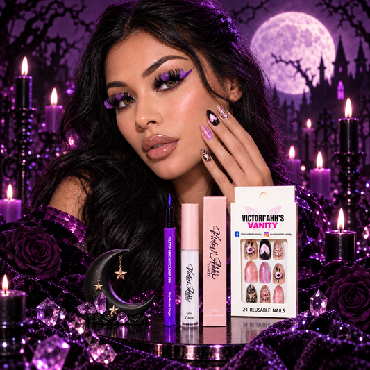 Purple Potion Glam Vault model wearing Purple Moon lashes and Mysterious almond nails with clear lash adhesive and purple eyeliner
