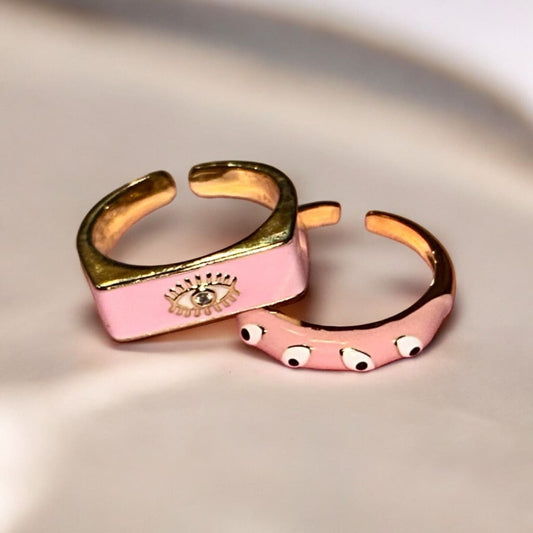 Two Pink Evil Eye Open Rings - Ring