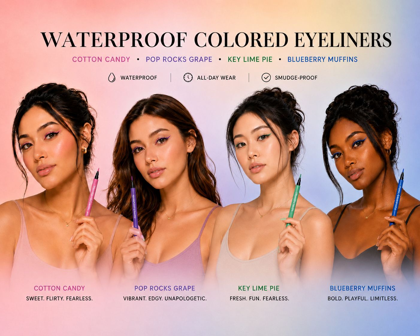 Waterproof colored eyeliners homepage banner without duplicate call-to-action button